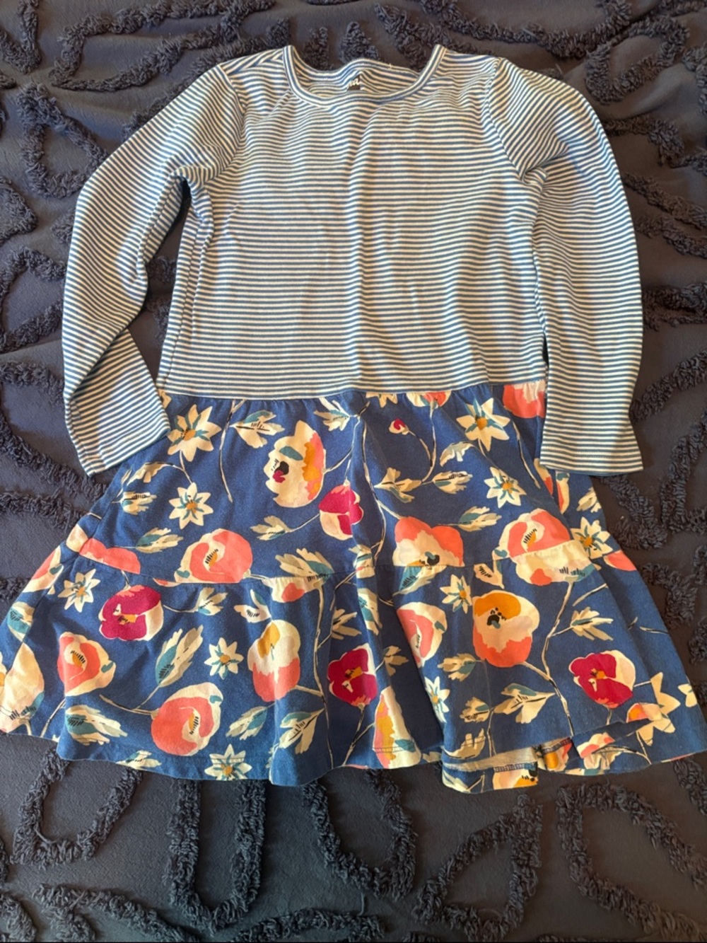 Tea collection - Girls blue Floral & Stripe Long-Sleeve Dress
